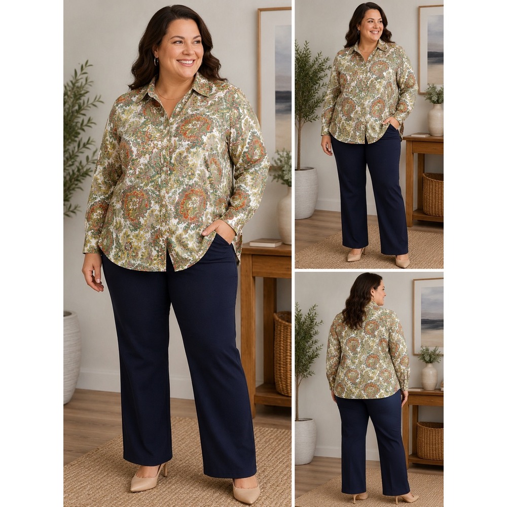 Talbots Womens Petite 14P Paisley Button Up Shirt Green Orange Long SleeveCotton